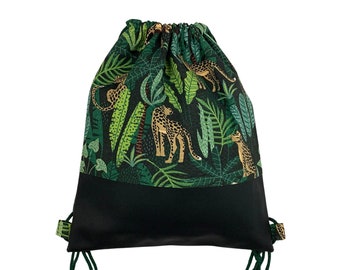 Gym bag backpack leopard animal print dark green with black faux leather and inside pocket