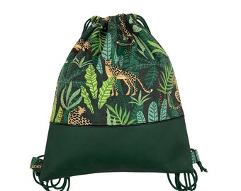 Gym bag backpack leopard animal print dark green with faux leather and inside pocket