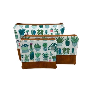 Cosmetic bag, make-up bag, water-repellent, oilcloth, cacti with brown imitation leather, washable inside and outside
