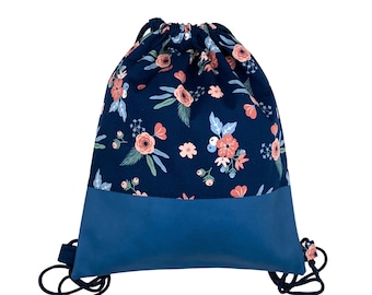 Sac de sport fleur sac à dos floral bleu foncé avec simili cuir et compartiment intérieur avec fermeture éclair