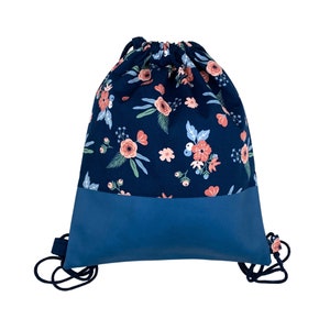 Turnbeutel Blumen Rucksack Geblümt Dunkelblau mit Kunstleder und Innenfach mit Reißverschluss