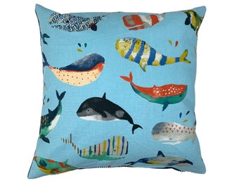 Children's pillowcase 50 x 50 cm whale animal print with wide corduroy petrol