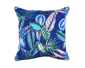 Pillowcase Royal Blue 40 x 40 cm Leaves Jungle with Piping Dark Green, Decorative Pillow