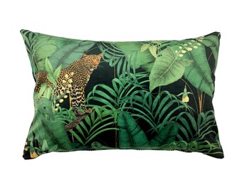 Cushion cover leopard jungle plants 40 x 60 cm, cushion cover, decorative cushion dark green black