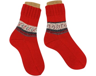 Handgestrickte Stricksocken Rot Weihnachtlich mit Glitzer Grau/Weiß Größe 38/39