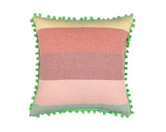 Decorative cushion, cushion cover pastel striped 40 x 40 cm, back mint with pompom border