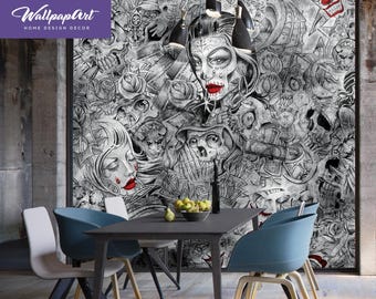 Muerte Sugar Skull Wallpaper – Tattoo-Inspired Wall Mural – Peel & Stick or Unpasted Día de los Muertos Decor by WallpapArt, W31