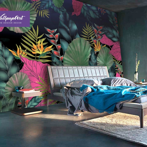 Papier peint amovible de feuilles tropicales, Funky Peel and Stick Wall Mural, revêtement mural traditionnel exotique, W80