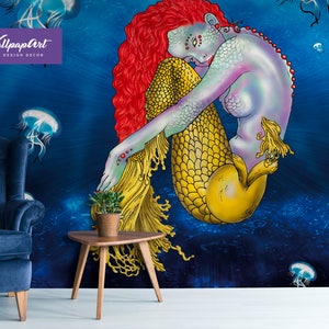Mermaid Removable Wallpaper, Self Adhesive Peel And Stick Wall Mural, Sea Life Traditional Wallcovering, W43