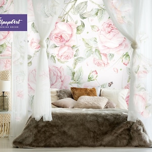 Wild Roses Removable Wallpaper, Floral Peel and Stick Mural, Watercolor Roses Wall Decal, W134