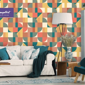Carta da parati geometrica retrò – murale astratto colorato – adesivo da parete Bauhaus staccabile e attaccabile o non incollato di WallpapArt, W154