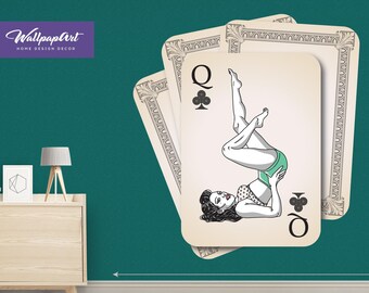 Queen of Clubs Wall Decal, Self Adhesive Wall Decal, Temporary Peel and Stick Wall Art, Printed Wall Decal, W24-C