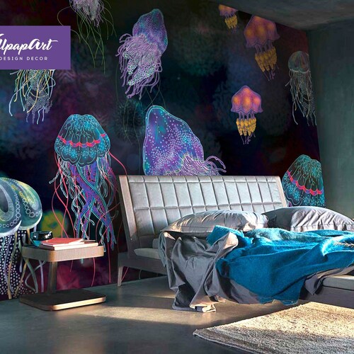 Jellyfish Removable Wallpaper Neon Peel and Stick Wall Panel Etsy