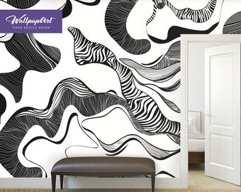 Abstract Removable Wallpaper, Peel and Stick Monochrome Wall Mural,  Black And White Wall Panel, W117