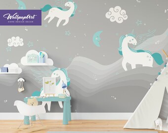 Baby Unicorn Peel and Stick Wallpaper, Nursery Removable Wallcovering, Dreamy Unicorn Traditiona Wall Decal, W140