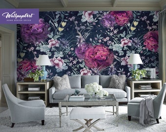 Pivoines Bouquet fond d’écran amovible, Floral Peel and Stick Wall Panel, vintage Flowers Traditional Mural, W22