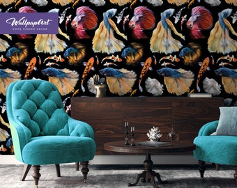 Fish Wallpaper - Koi and Beta Peel & Stick Decal or Traditional Mural Wallcovering - Aquatic Art by WallpapArt, W180