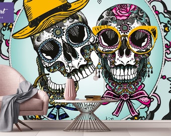 Zuckerschädel Paar Tapete - Ungeklebte bunte Schädel Tapete - Abziehen & Aufkleben von WallpapArt, W58