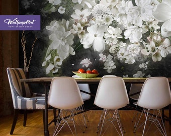 Large Flower Peel and Stick Wallpaper, Dark Flowers Removable Wallcovering, Spring Flowers Wall Mural, W89-1