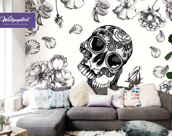 Sugar Skull Peel and Stick Wallpaper – Floral Skull Unpasted Wall Decal – Black & White Day of the Dead Wallcovering by WallpapArt, W57