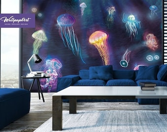 Neon Quallen Tapete - Ozean inspirierte Tapete - Abziehen und Aufkleben von WallpapArt, W94