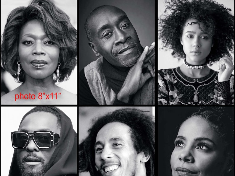 Close-up detail of the B&W photography wallpaper showing high-quality portraits of legendary African American celebrities and historical figures.