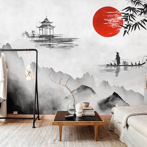 Japanese Landscape Wall Mural – Mountain Scene Peel & Stick Wallpaper – Traditional Unpasted Wall Panel by WallpapArt, W209