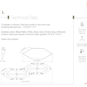 Technical data for MABEL 3D wall panels.  70 panels come in one box, covering 10.76 square feet.  Available colors include Black Matte, White, Silver, Gold, Smoke Gray, and Anthracite.  Custom colors are available upon request.  Panels are suitable for indoor and outdoor use.