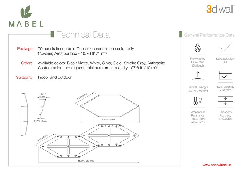 Technical data for MABEL 3D wall panels.  70 panels come in one box, covering 10.76 square feet.  Available colors include Black Matte, White, Silver, Gold, Smoke Gray, and Anthracite.  Custom colors are available upon request.  Panels are suitable for indoor and outdoor use.