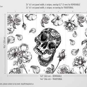 May include: Black and white wall mural featuring a sugar skull with floral details. The mural is available in two sizes: 143 inches by 363 centimeters (removable) and 144 inches by 366 centimeters (traditional).