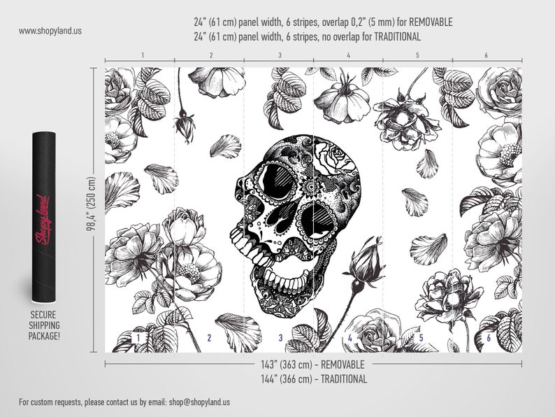 May include: Black and white wall mural featuring a sugar skull with floral details. The mural is available in two sizes: 143 inches by 363 centimeters (removable) and 144 inches by 366 centimeters (traditional).