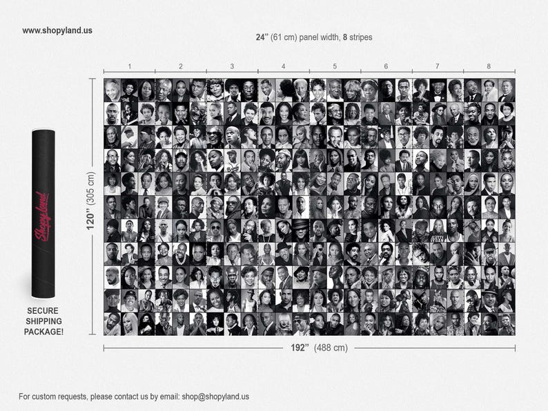 Full layout view of the Black excellence photo collage mural, displaying the seamless grid of iconic celebrity and historical B&W portraits.