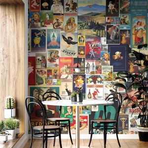 Vintage Italian Removable Wallcovering, Retro Posters Peel And Stick Wall Mural, Food And Drinks Traditional Wallpaper, W200