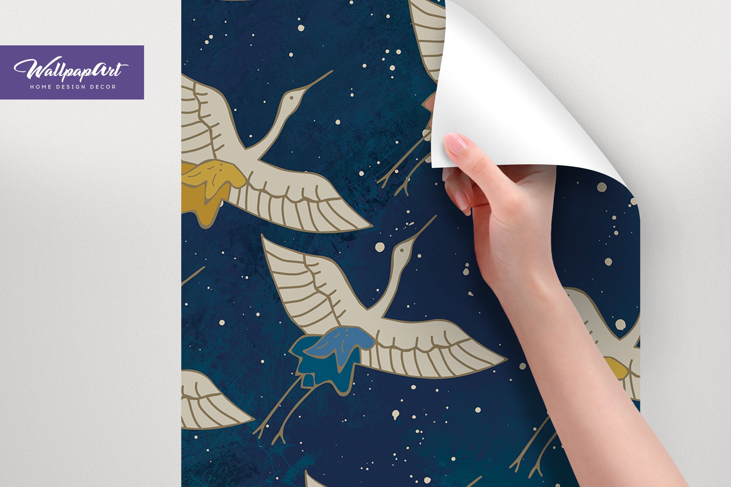 Flying Cranes Wallpaper – Bird Pattern Wall Mural – Blue Background ...