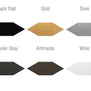 Showocase of the different six colors of the hexagonal tiles: black matt, gold, silver, smoke gray, anthracite, and white.