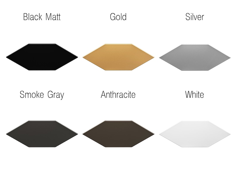 Showocase of the different six colors of the hexagonal tiles: black matt, gold, silver, smoke gray, anthracite, and white.