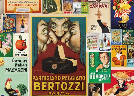 Vintage Italian Removable Wallcovering, Retro Posters Peel And Stick Wall Mural, Food And Drinks Traditional Wallpaper, W200