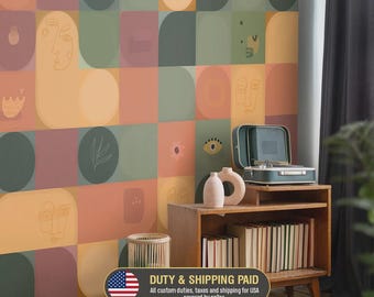 Abstract Faces Wallpaper | Eclectic Art Collage Wall Mural | Peel and Stick or Traditional