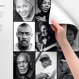 Może przedstawiać: Czarno-biała tapeta z kolażem zdjęć znanych muzyk&oacute;w i aktor&oacute;w. Kolaż zawiera zdjęcia Jimiego Hendrixa, B.B. Kinga, Morgana Freemana, Denzela Washingtona i innych. Tapeta jest dostępna w wysokiej jakości opcjach zdejmowalnych lub tradycyjnych, nie klejonych.