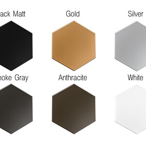 Different colors: black matt, gold, silver, smoke gray, anthracite, and white.