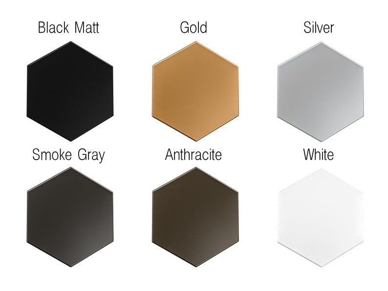 Different colors: black matt, gold, silver, smoke gray, anthracite, and white.