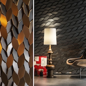 A modern corporate room with a client’s couch, bordered by an architectural feature wall covered in MABEL 3D wall panels.