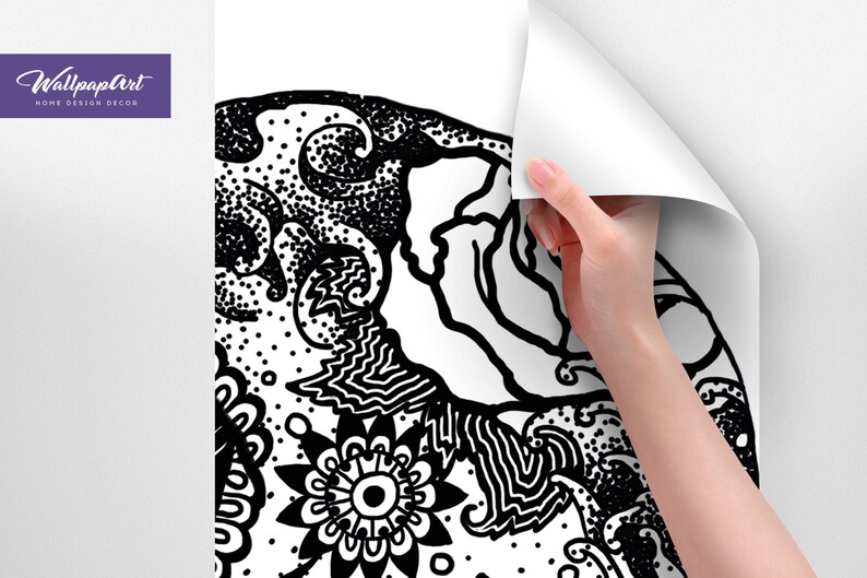 May include: Black and white abstract design with intricate patterns and swirls. The design features a large central flower with a smaller circle in the center. The design is reminiscent of a mandala.
