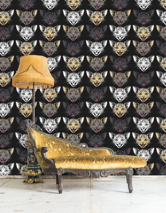Funky Cats Wallpaper – Cute Cat Faces Wall Mural – Peel & Stick or Unpasted Designer Wallcovering by WallpapArt, W135