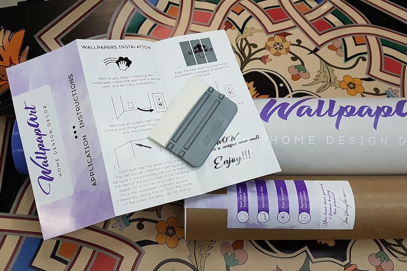 May include: Instructions for applying wallpaper with a squeegee tool. The instructions include cleaning the wall, aligning the wallpaper, and using the squeegee to smooth out air bubbles. The text reads "Wallpaper Home Design Decor" and "Enjoy!!!".