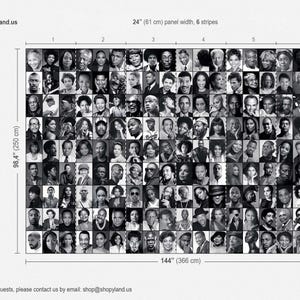 Może przedstawiać: Czarno-biała foto-kolagenowa ścienna dekoracja przedstawiająca portrety 144 r&oacute;żnych os&oacute;b. Dekoracja ma 250 cm wysokości i 366 cm szerokości. Jest podzielona na sześć pionowych pas&oacute;w, każdy o szerokości 61 cm.