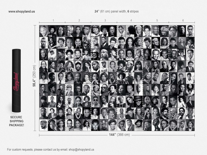 Może przedstawiać: Czarno-biała foto-kolagenowa ścienna dekoracja przedstawiająca portrety 144 r&oacute;żnych os&oacute;b. Dekoracja ma 250 cm wysokości i 366 cm szerokości. Jest podzielona na sześć pionowych pas&oacute;w, każdy o szerokości 61 cm.