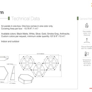 Technical data: 54 panels come in one box, covering 10.76 square feet. Available colors include black matte, white, silver, gold, smoke gray, and anthracite. Custom colors are available upon request. Panels are suitable for indoor and outdoor use.