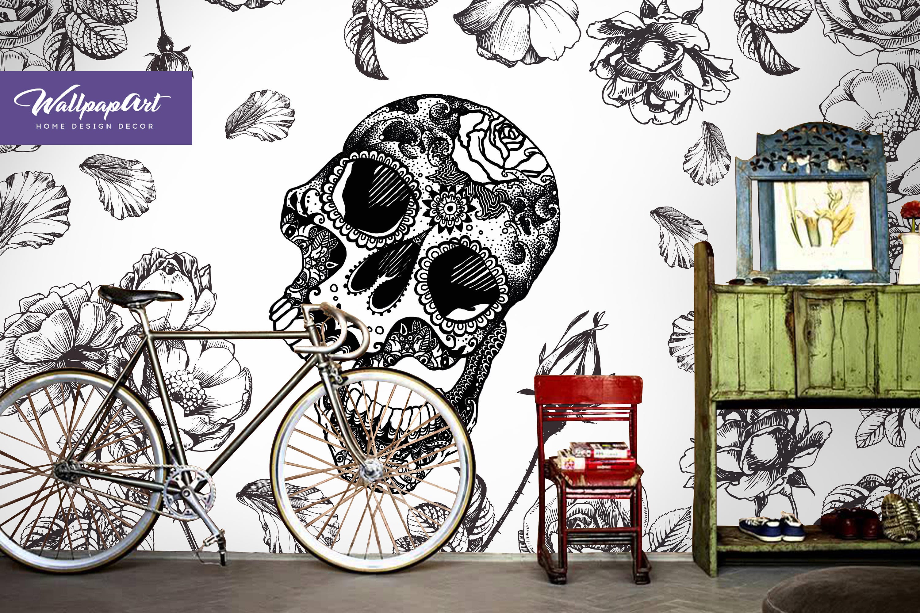 Sugar Skull Art Wallpaper Skull Wall Mural Removable Flowers | Etsy
