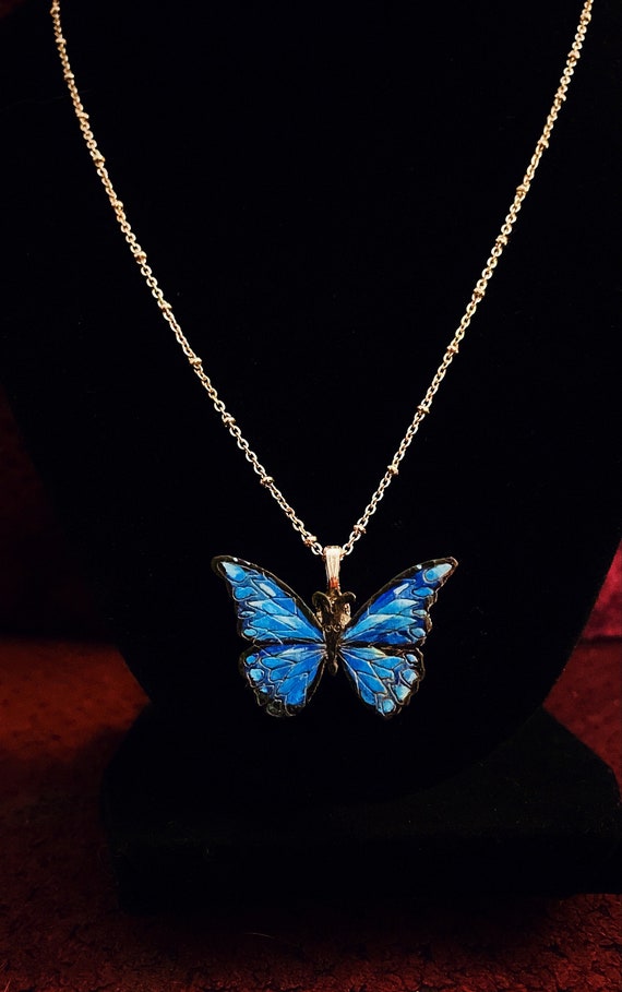 Hand Painted Wood Blue Butterfly Pendant Necklace on Stainless Steel Chain